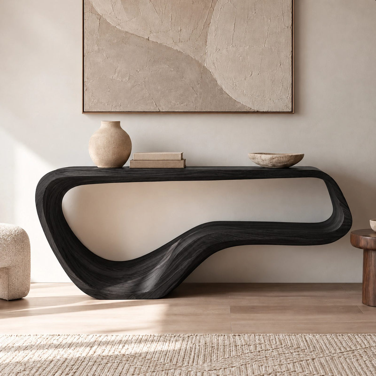 Contemporary Flowing Wood Console Table With Open Base Shelf For Living Room