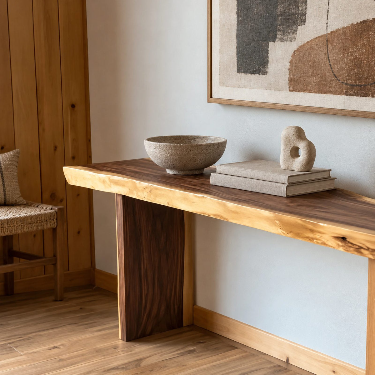 Modern Live Edge Wood Console Table With Panel Legs For Entryway