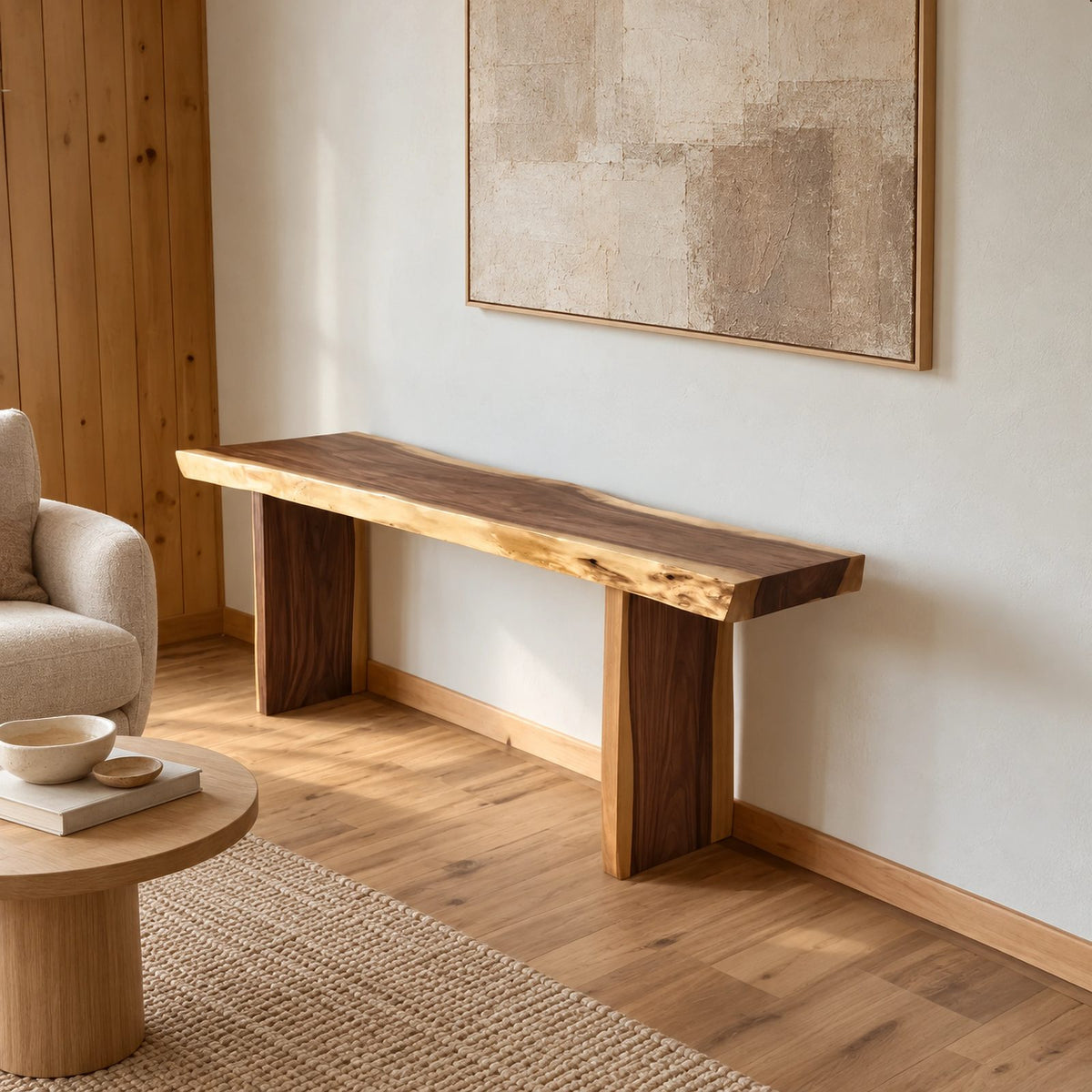 Modern Live Edge Wood Console Table With Panel Legs For Entryway