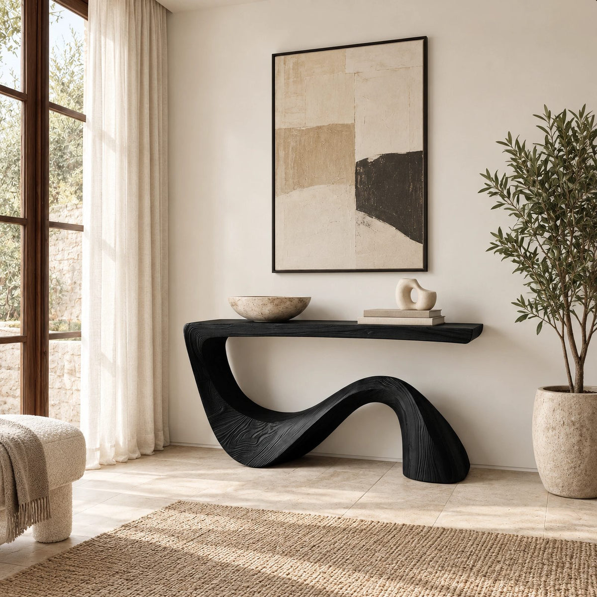 Mid Century Sculptural Console Table With Flowing Wave Base For Foyer