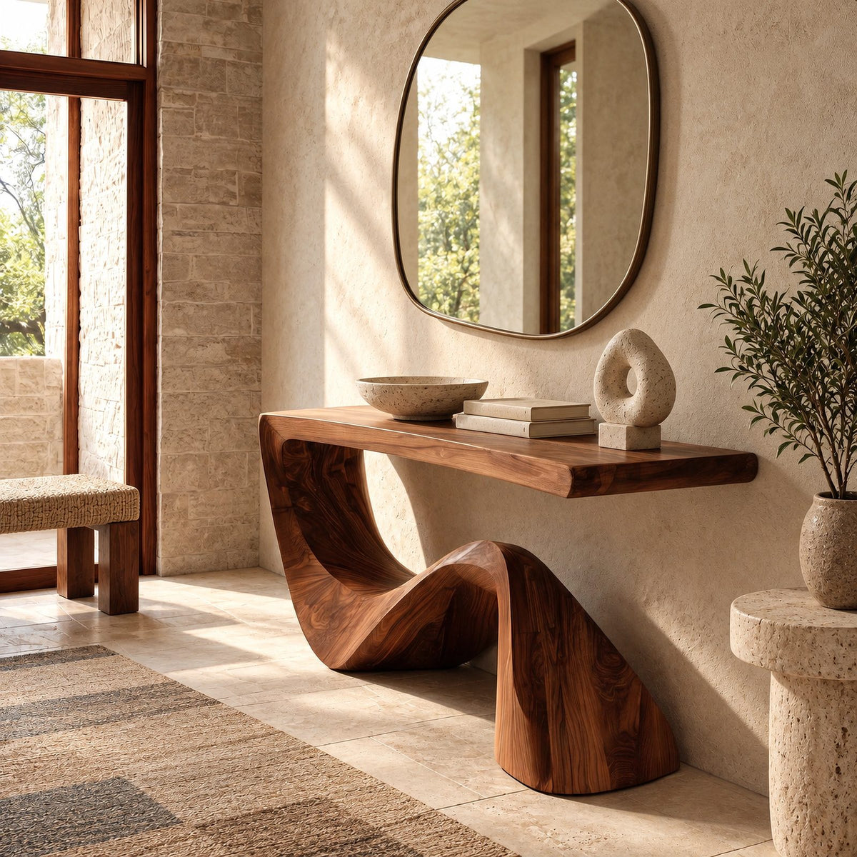 Mid Century Sculptural Console Table With Flowing Wave Base For Foyer