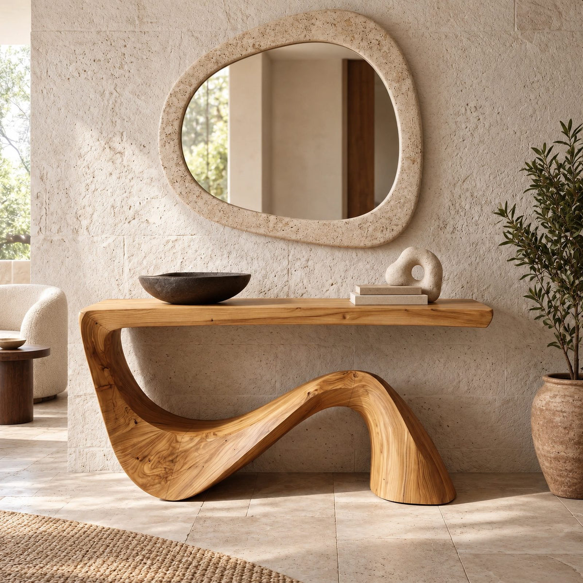 Mid Century Sculptural Console Table With Flowing Wave Base For Foyer