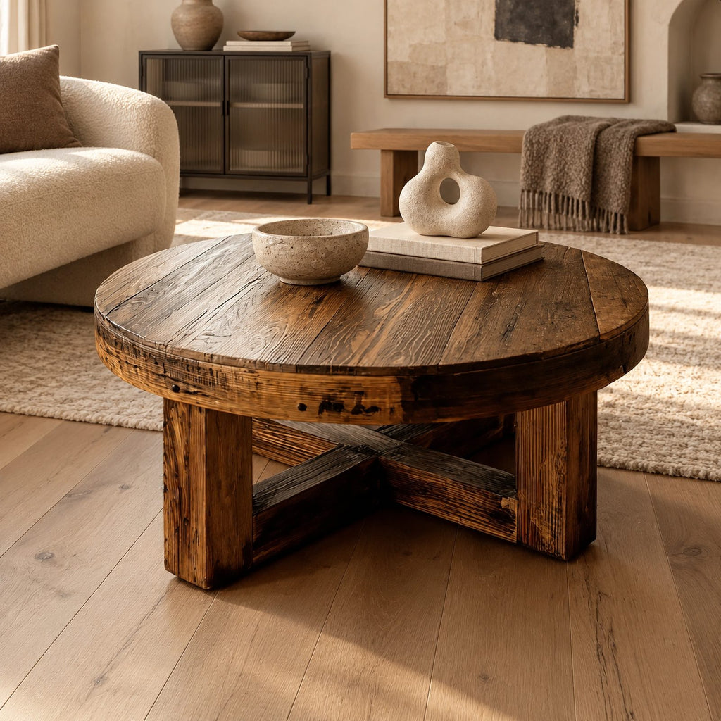 Farmhouse Round Wood Coffee Table With X Frame Base For Living Room