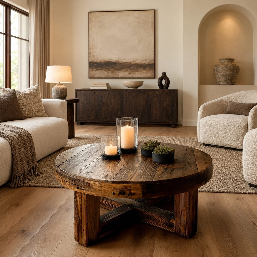 Farmhouse Round Wood Coffee Table With X Frame Base For Living Room