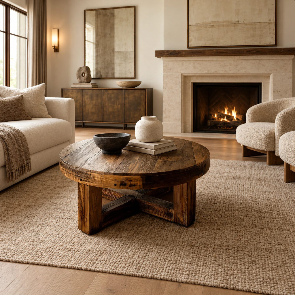 Farmhouse Round Wood Coffee Table With X Frame Base For Living Room