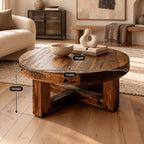 Farmhouse Round Wood Coffee Table With X Frame Base For Living Room