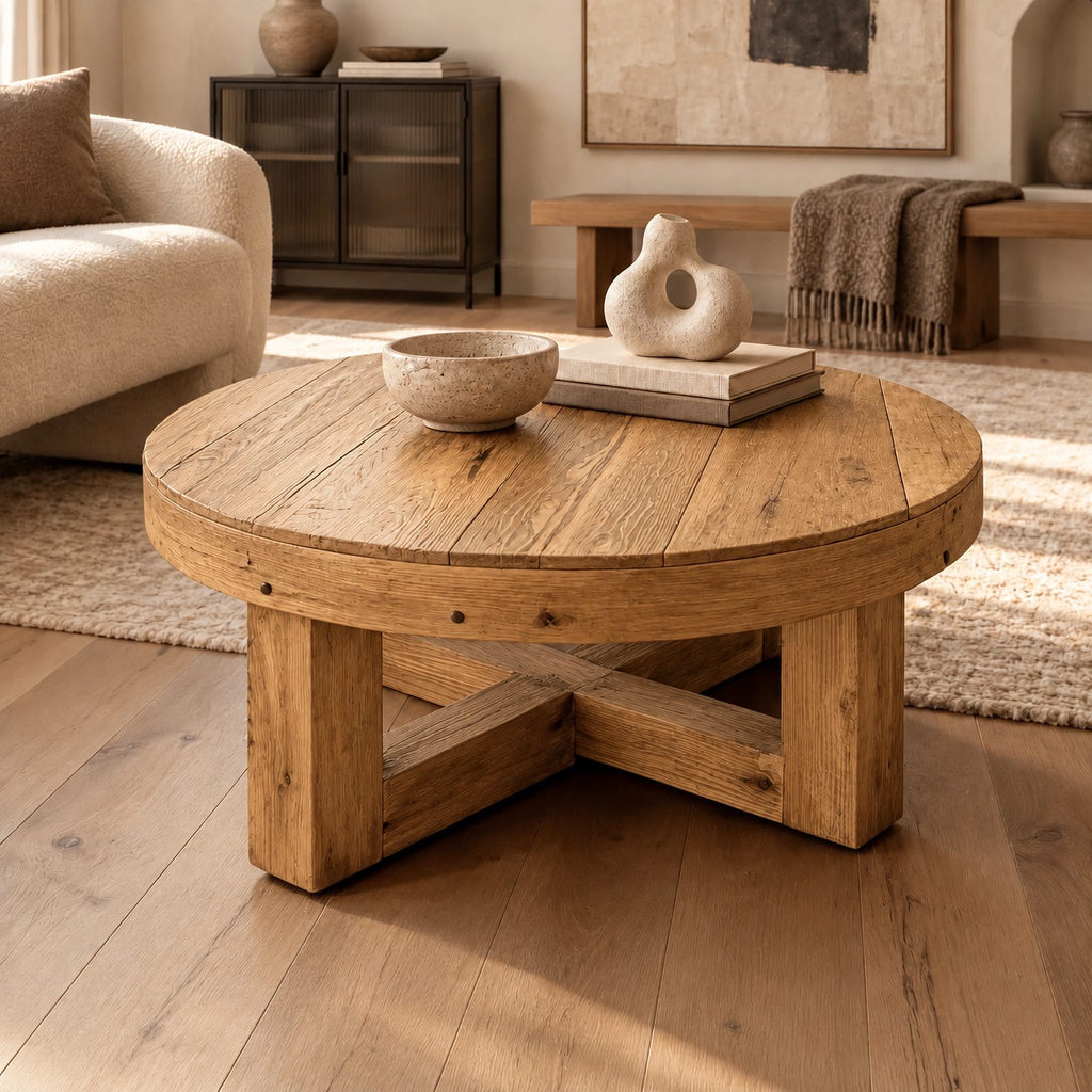 Farmhouse Round Wood Coffee Table With X Frame Base For Living Room