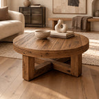 Farmhouse Round Wood Coffee Table With X Frame Base For Living Room