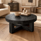Farmhouse Round Wood Coffee Table With X Frame Base For Living Room