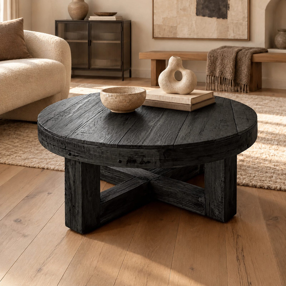 Farmhouse Round Wood Coffee Table With X Frame Base For Living Room