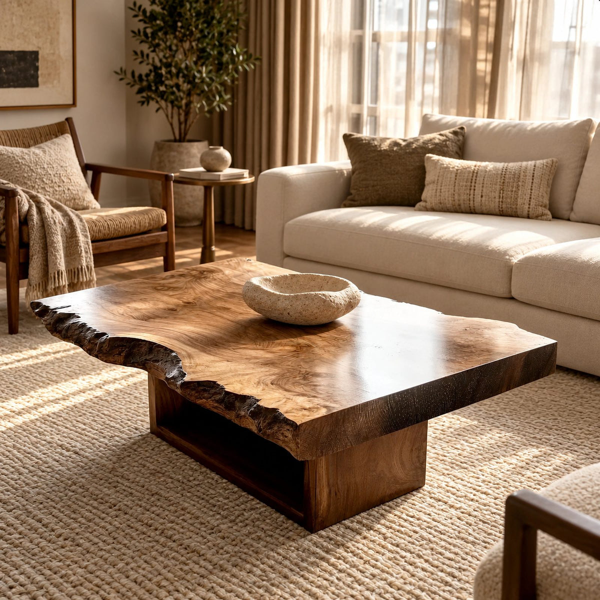 Contemporary Live Edge Coffee Table With Floating Shelf Base For Living Room