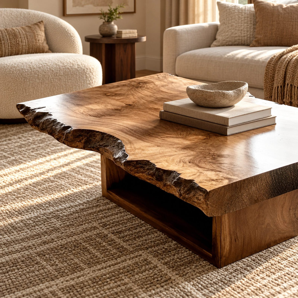 Contemporary Live Edge Coffee Table With Floating Shelf Base For Living Room