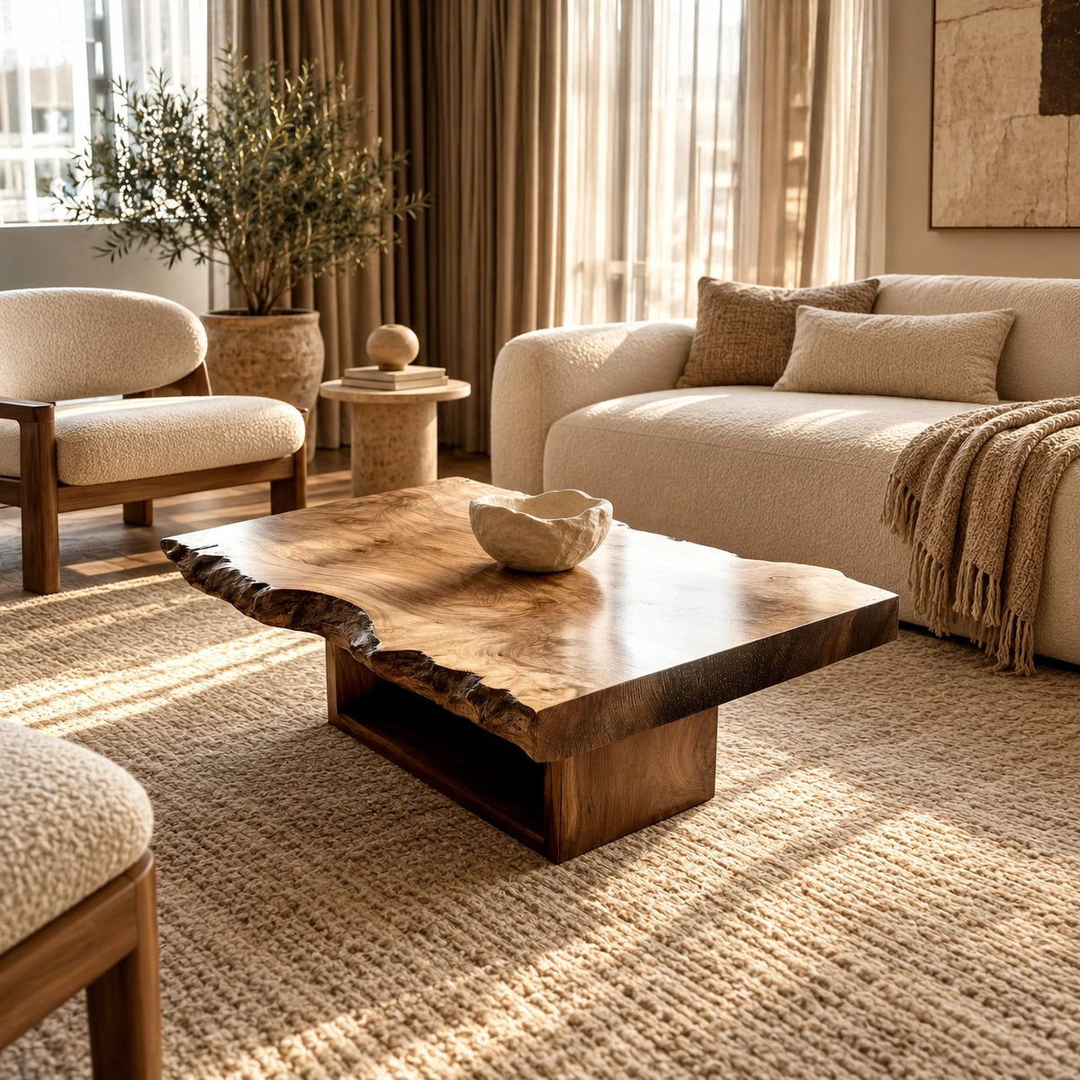 Contemporary Live Edge Coffee Table With Floating Shelf Base For Living Room