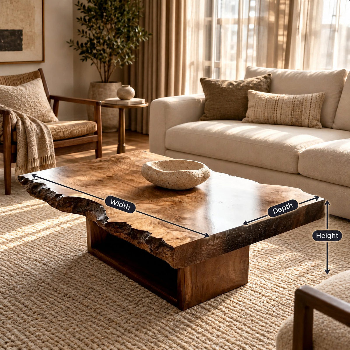 Contemporary Live Edge Coffee Table With Floating Shelf Base For Living Room