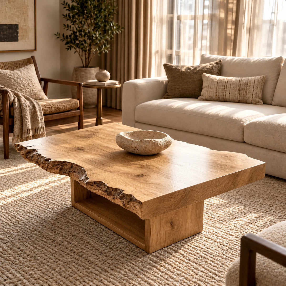Contemporary Live Edge Coffee Table With Floating Shelf Base For Living Room