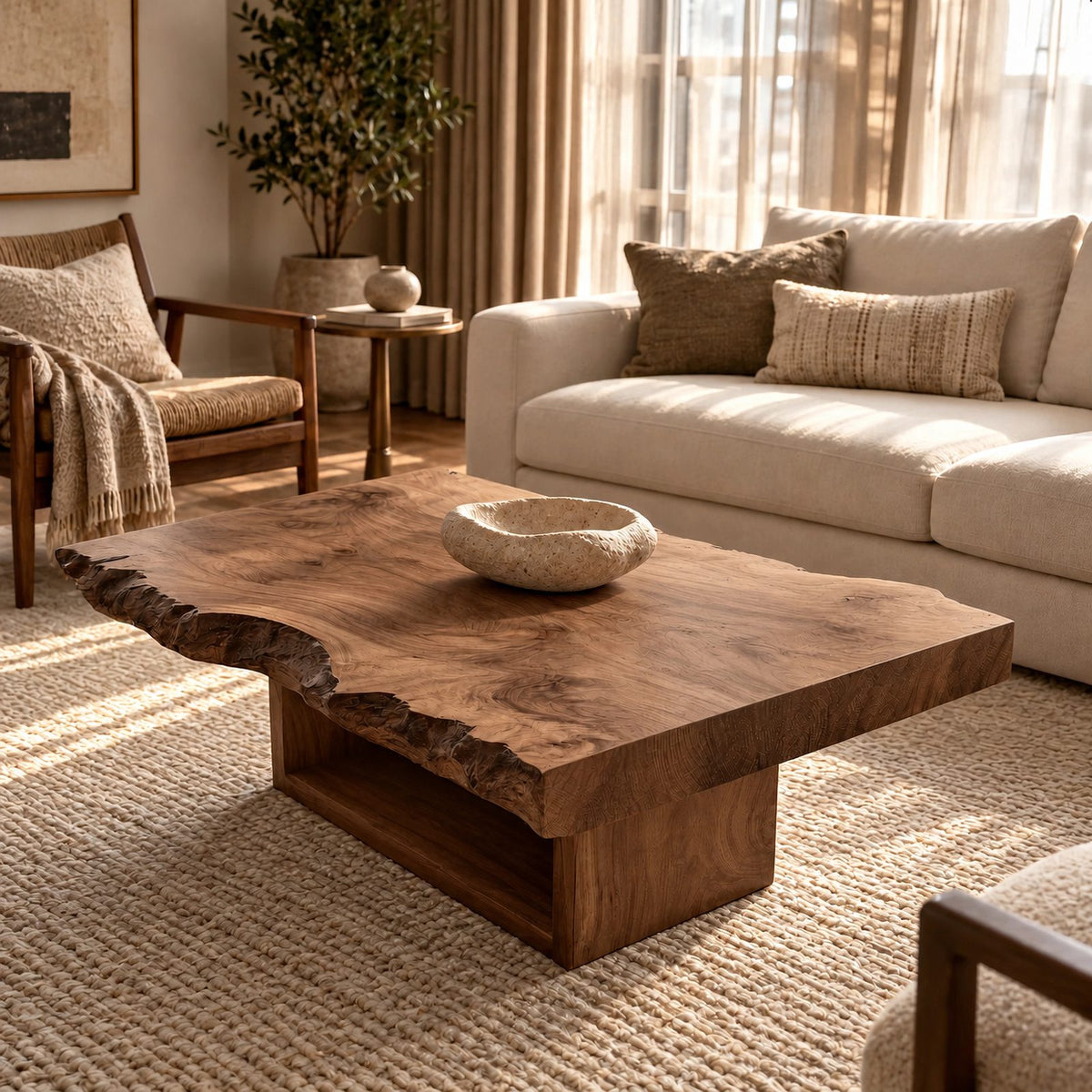 Contemporary Live Edge Coffee Table With Floating Shelf Base For Living Room