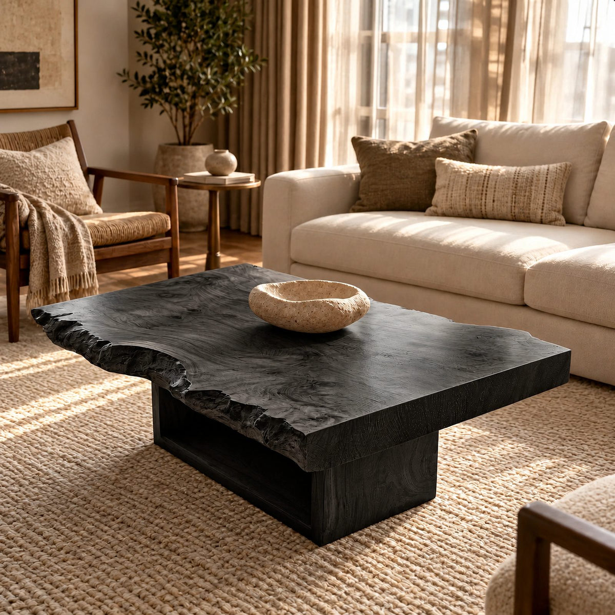 Contemporary Live Edge Coffee Table With Floating Shelf Base For Living Room