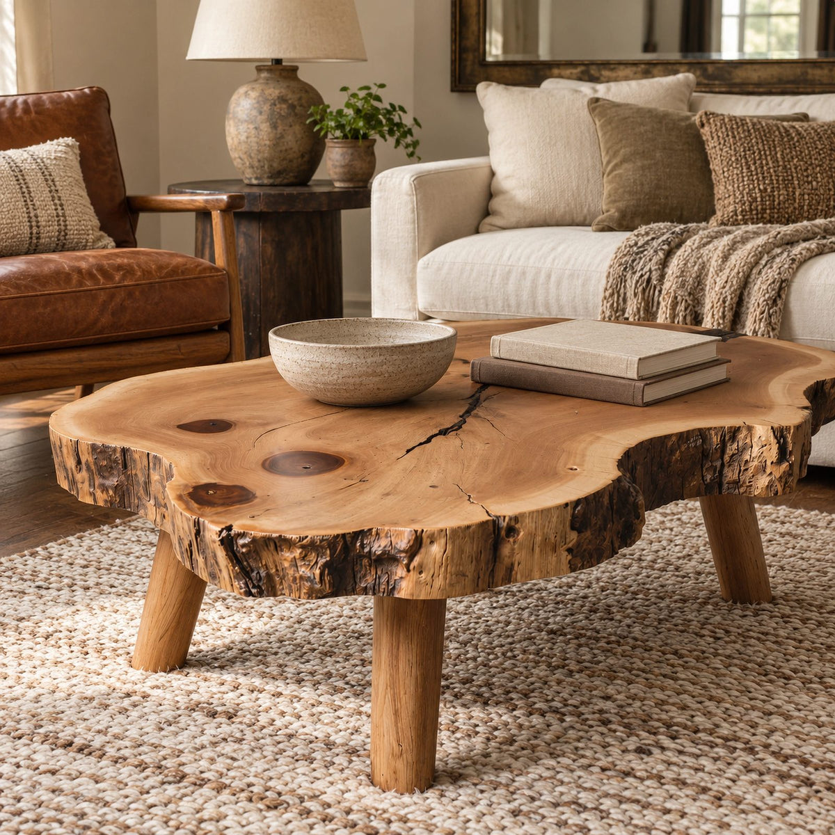 Organic Tree Slice Coffee Table With Natural Bark Edge For Living Room