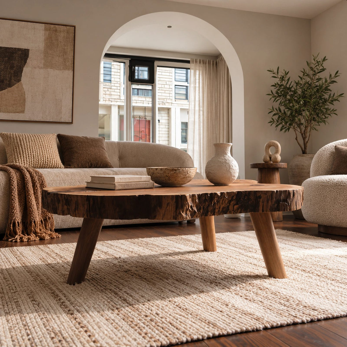 Organic Tree Slice Coffee Table With Natural Bark Edge For Living Room