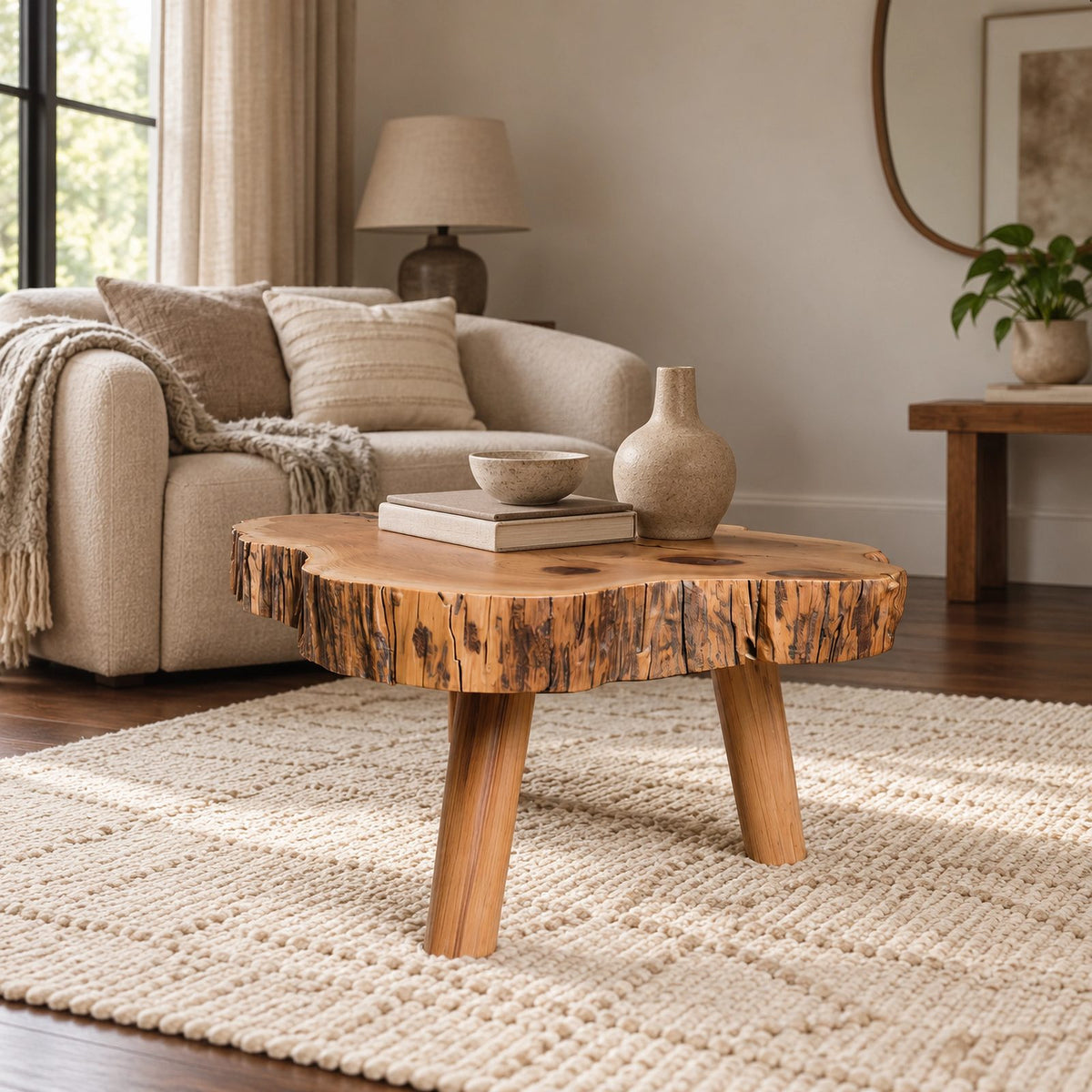 Organic Tree Slice Coffee Table With Natural Bark Edge For Living Room