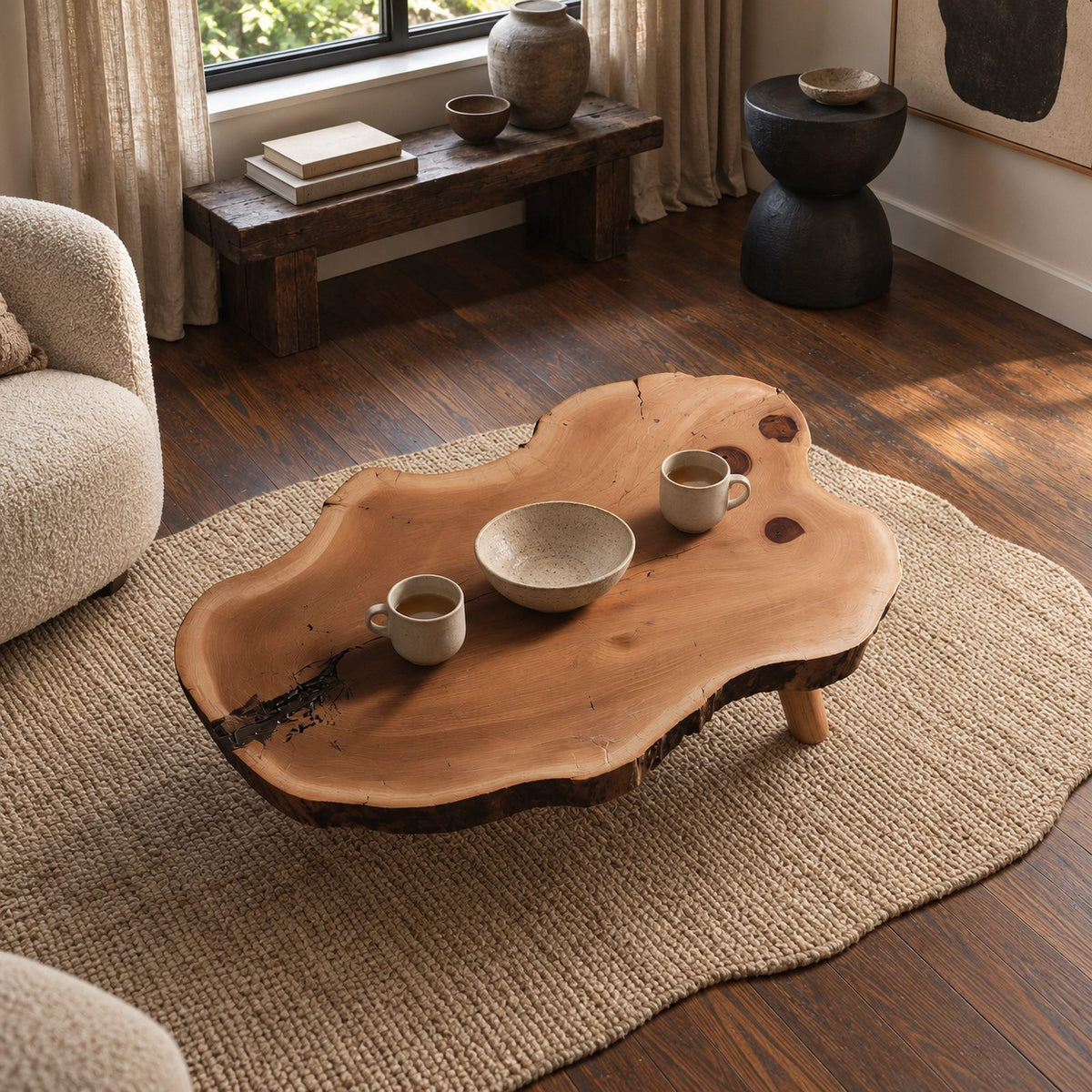 Organic Tree Slice Coffee Table With Natural Bark Edge For Living Room
