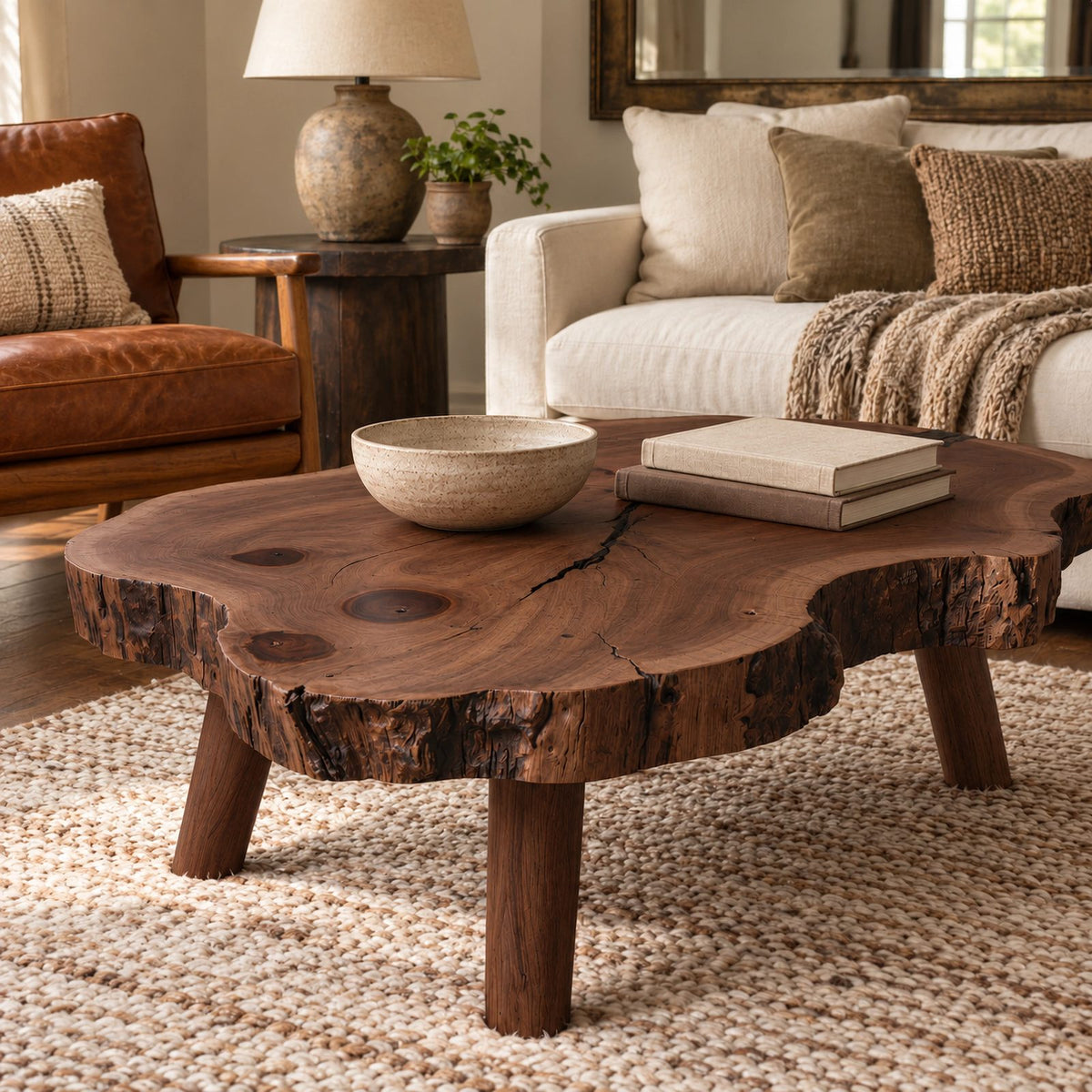 Organic Tree Slice Coffee Table With Natural Bark Edge For Living Room