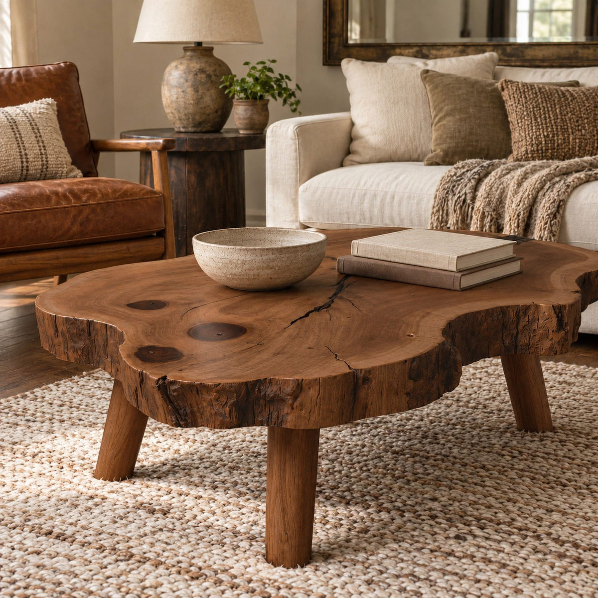 Organic Tree Slice Coffee Table With Natural Bark Edge For Living Room