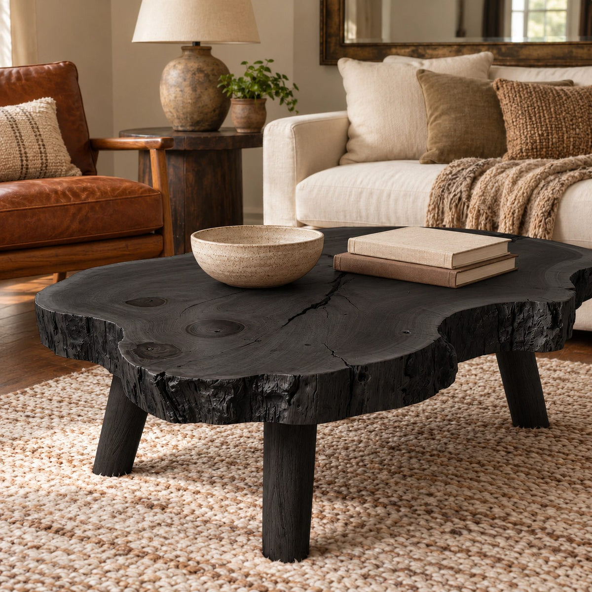 Organic Tree Slice Coffee Table With Natural Bark Edge For Living Room
