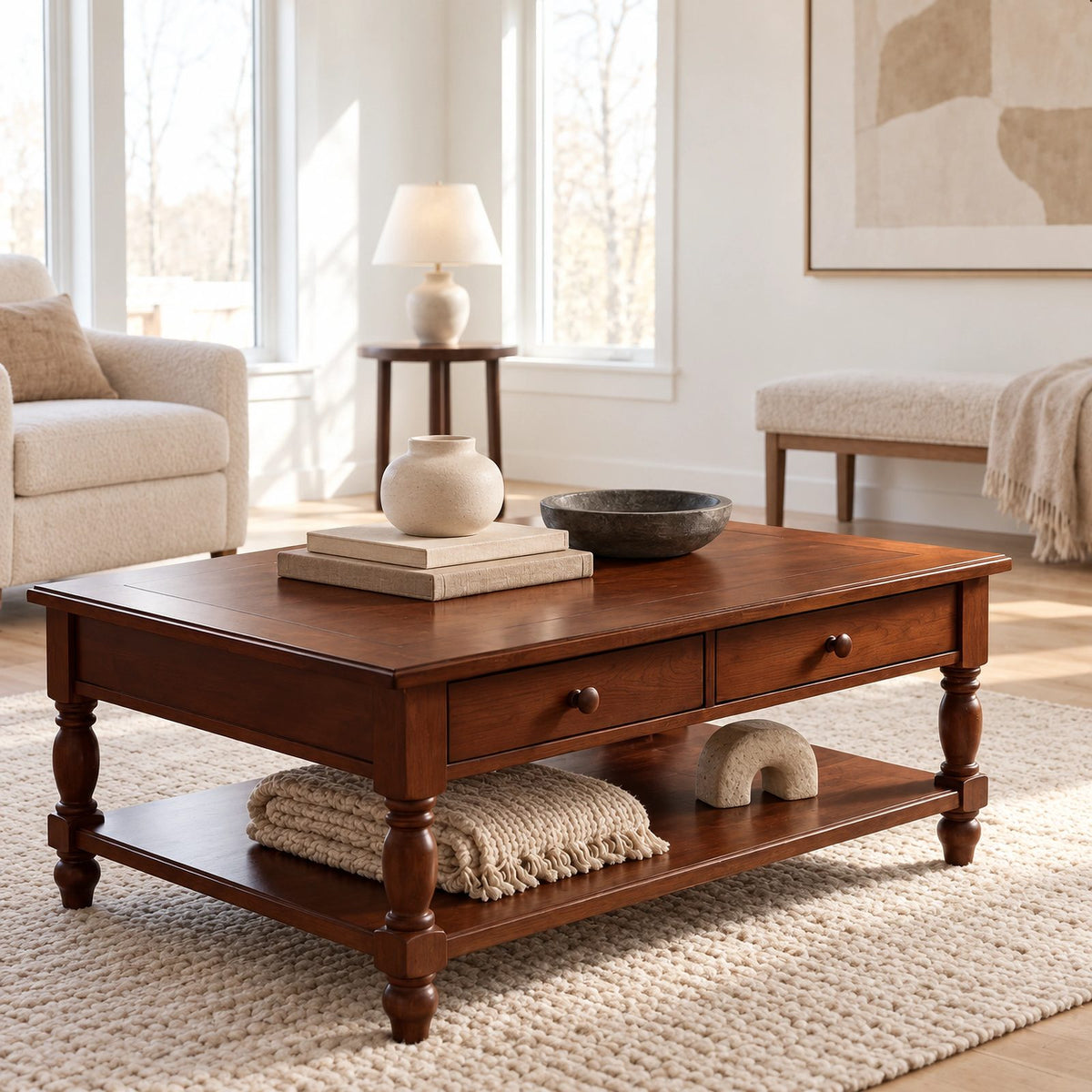 Traditional Solid Wood Coffee Table With Turned Legs For Living Room