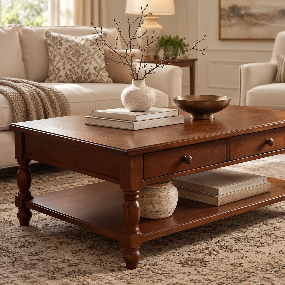 Traditional Solid Wood Coffee Table With Turned Legs For Living Room
