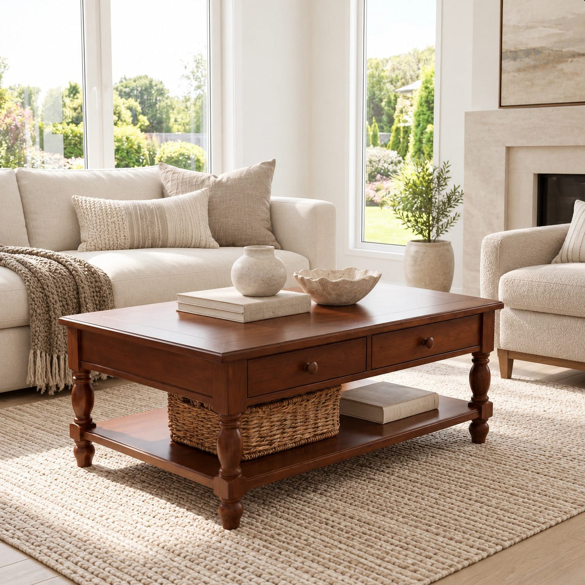 Traditional Solid Wood Coffee Table With Turned Legs For Living Room