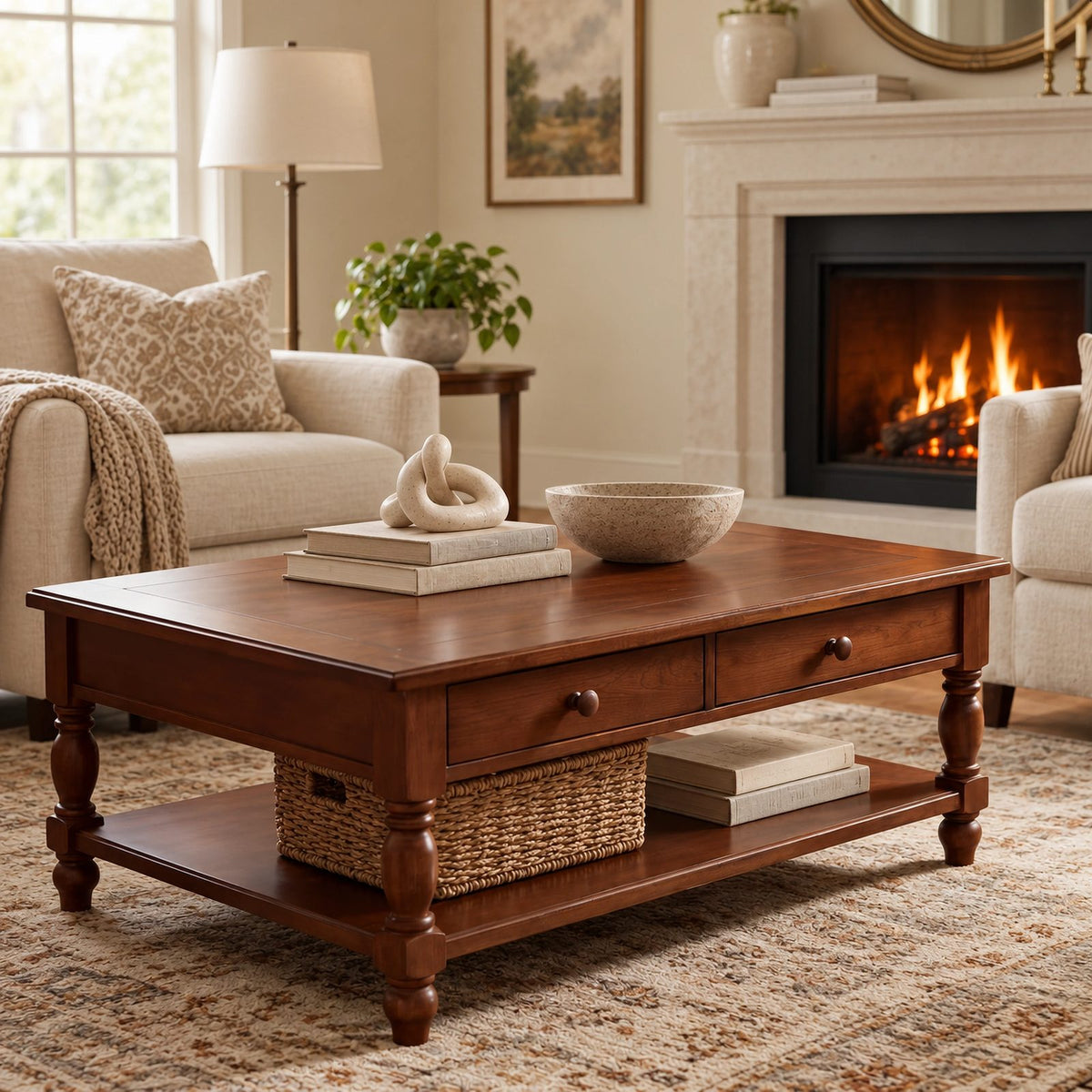 Traditional Solid Wood Coffee Table With Turned Legs For Living Room