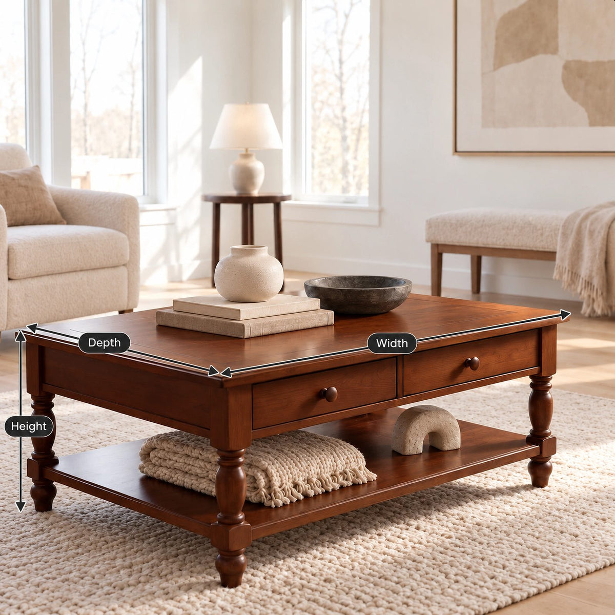 Traditional Solid Wood Coffee Table With Turned Legs For Living Room