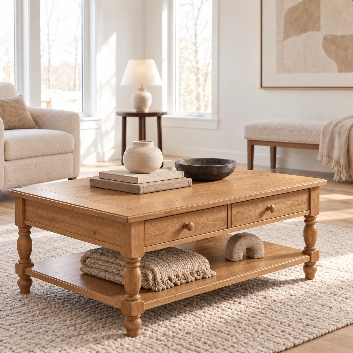 Traditional Solid Wood Coffee Table With Turned Legs For Living Room