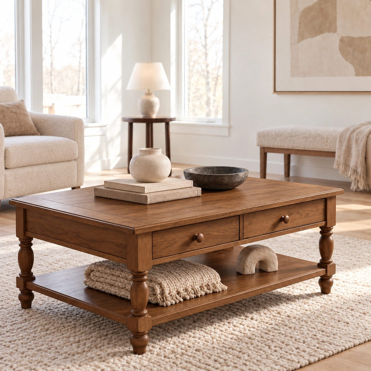 Traditional Solid Wood Coffee Table With Turned Legs For Living Room