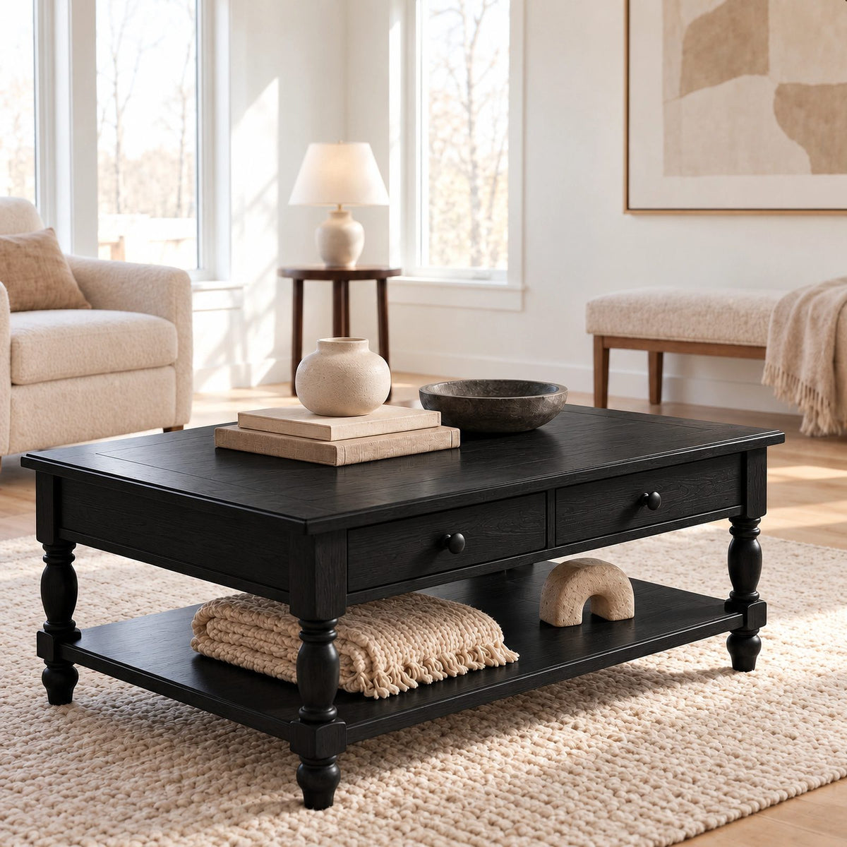 Traditional Solid Wood Coffee Table With Turned Legs For Living Room