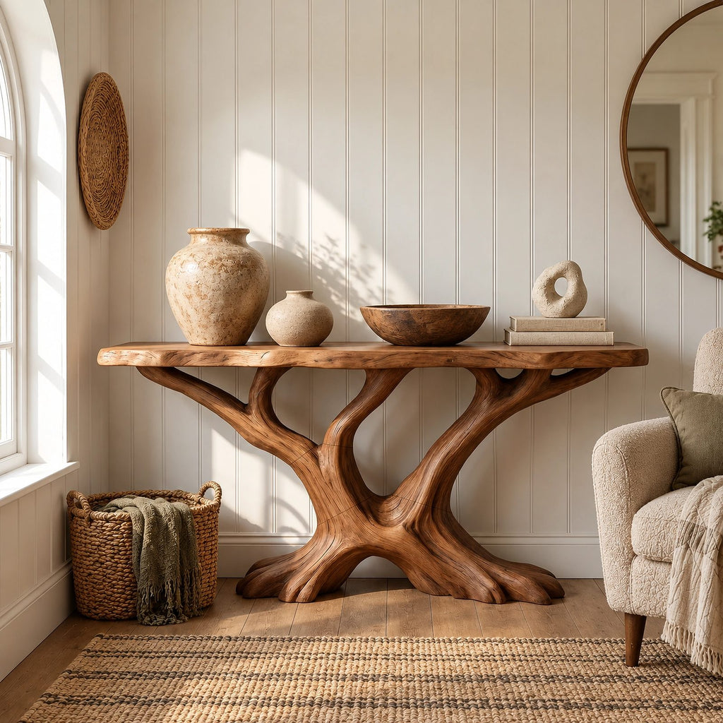 Rustic Tree Root Console Table With Branching Base For Living Room