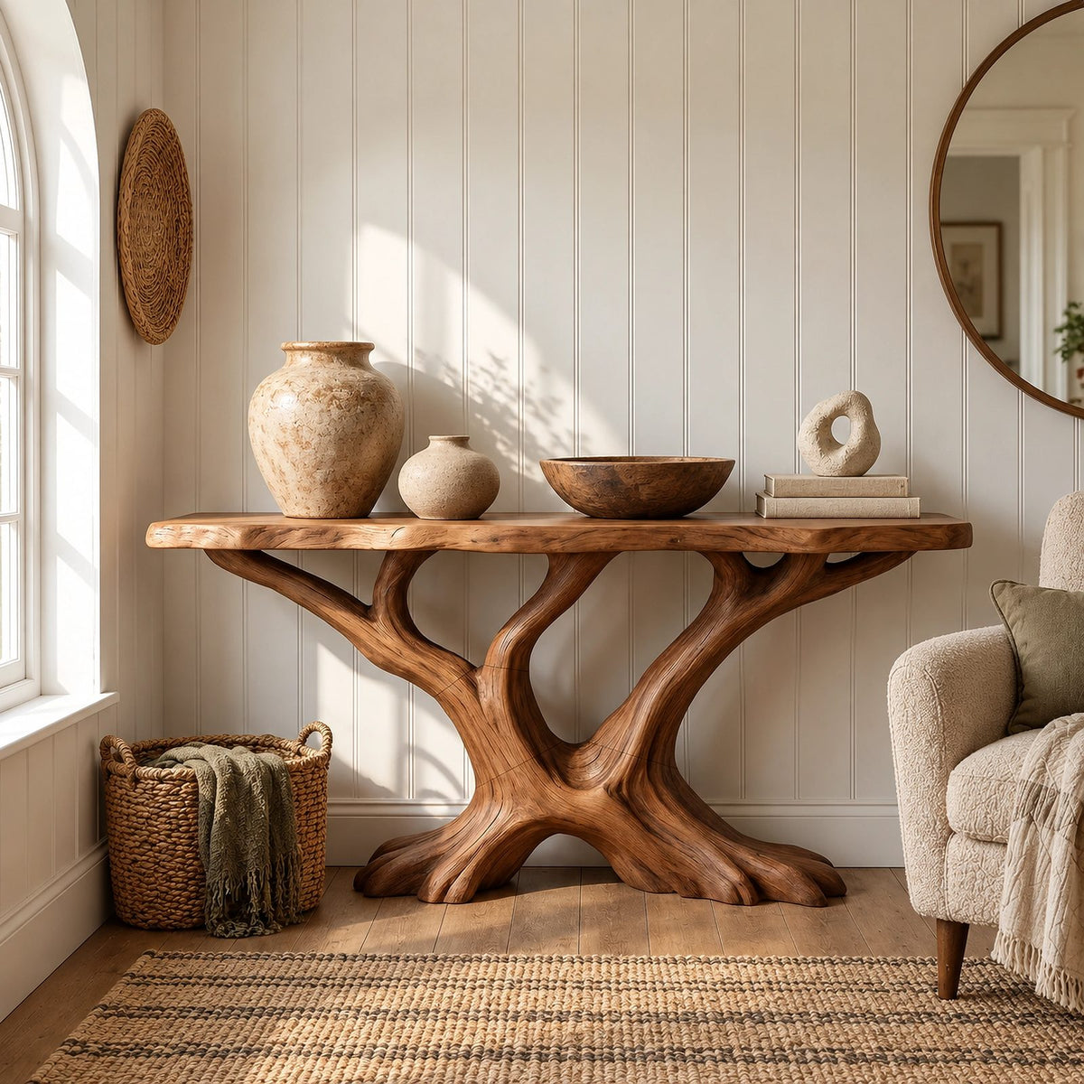 Rustic Tree Root Console Table With Branching Base For Living Room