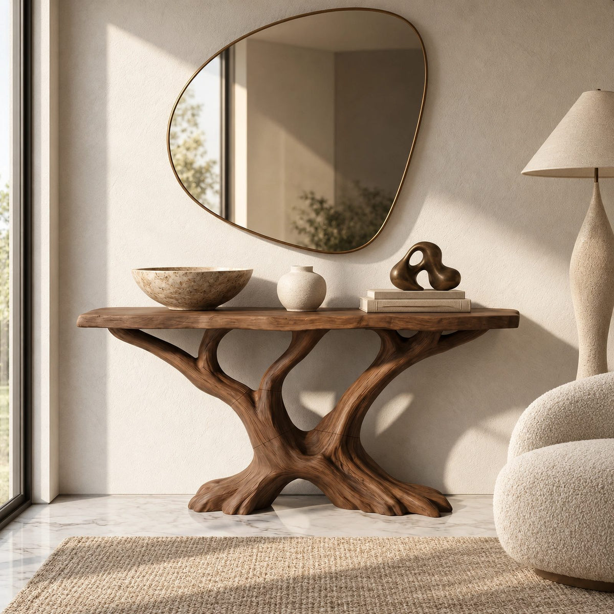 Rustic Tree Root Console Table With Branching Base For Living Room