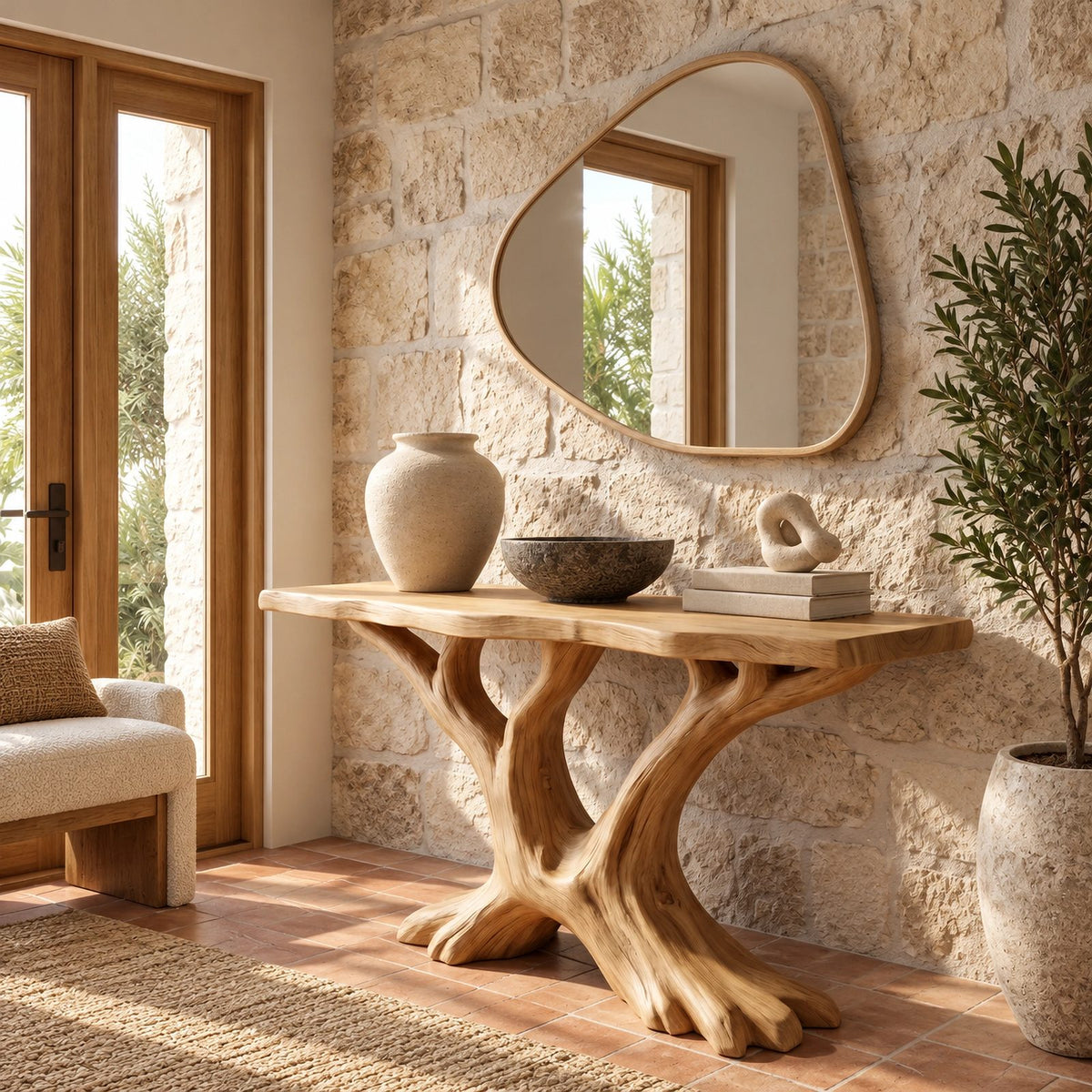 Rustic Tree Root Console Table With Branching Base For Living Room