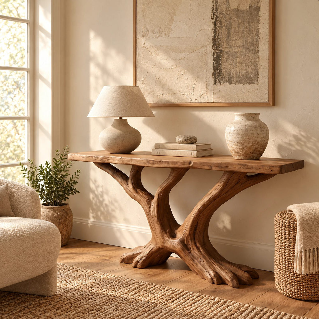 Rustic Tree Root Console Table With Branching Base For Living Room