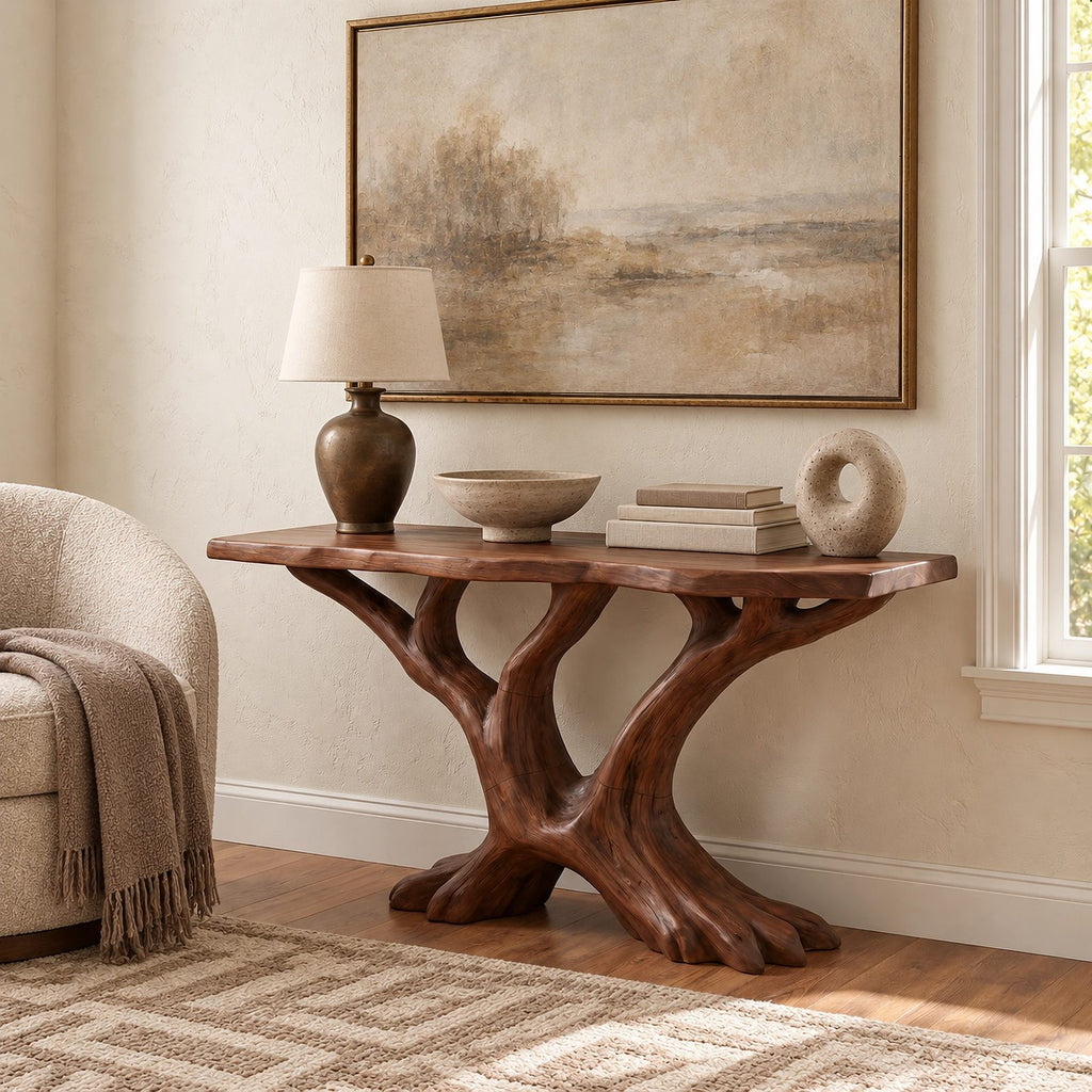 Rustic Tree Root Console Table With Branching Base For Living Room