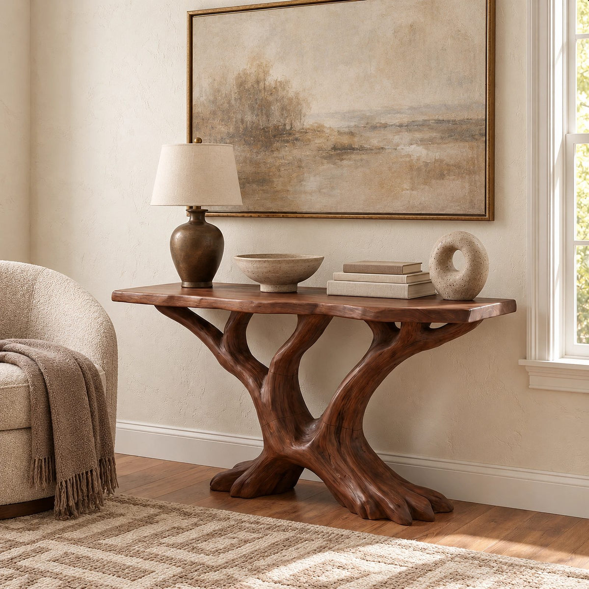 Rustic Tree Root Console Table With Branching Base For Living Room
