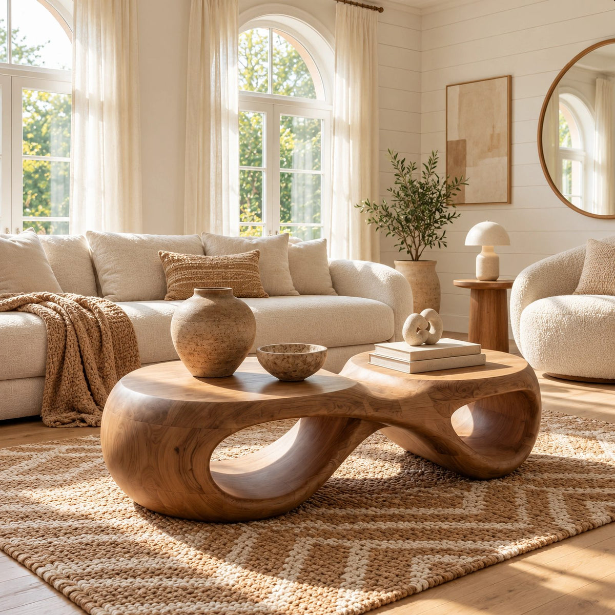 Biophilic Sculptural Coffee Table With Open Loop Base For Living Room