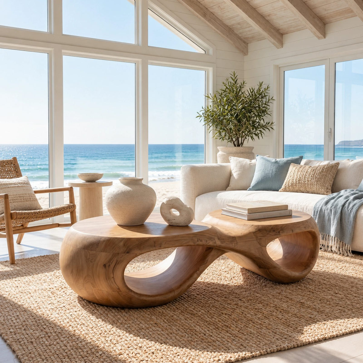 Biophilic Sculptural Coffee Table With Open Loop Base For Living Room