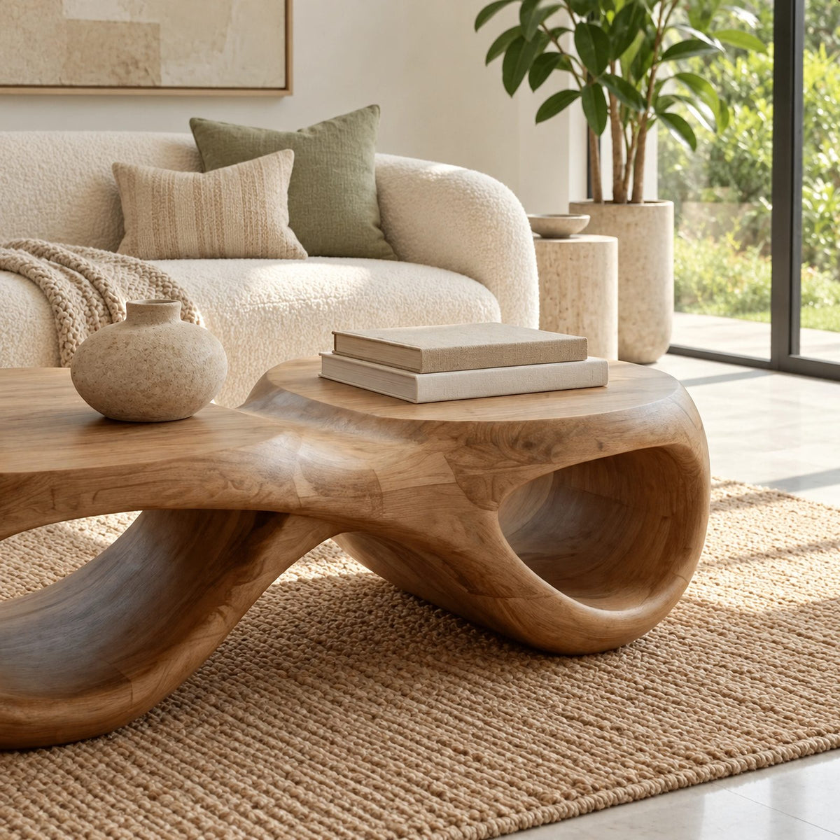 Biophilic Sculptural Coffee Table With Open Loop Base For Living Room