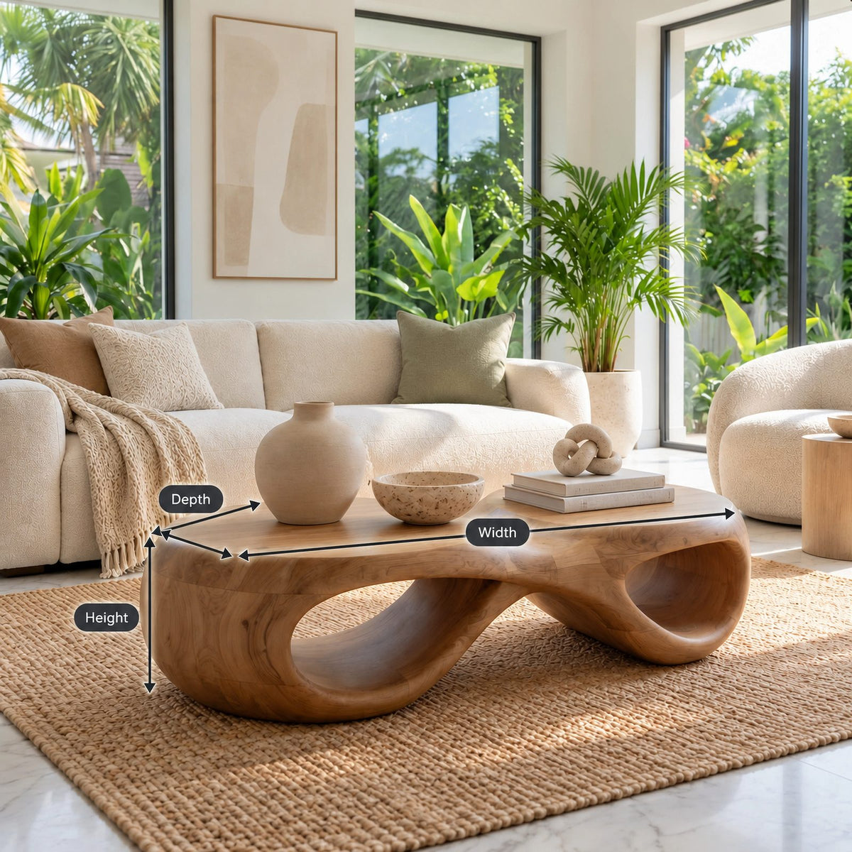 Biophilic Sculptural Coffee Table With Open Loop Base For Living Room