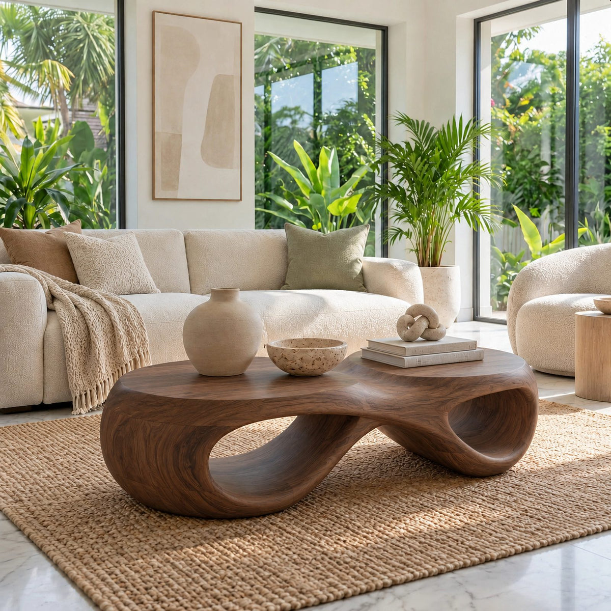 Biophilic Sculptural Coffee Table With Open Loop Base For Living Room
