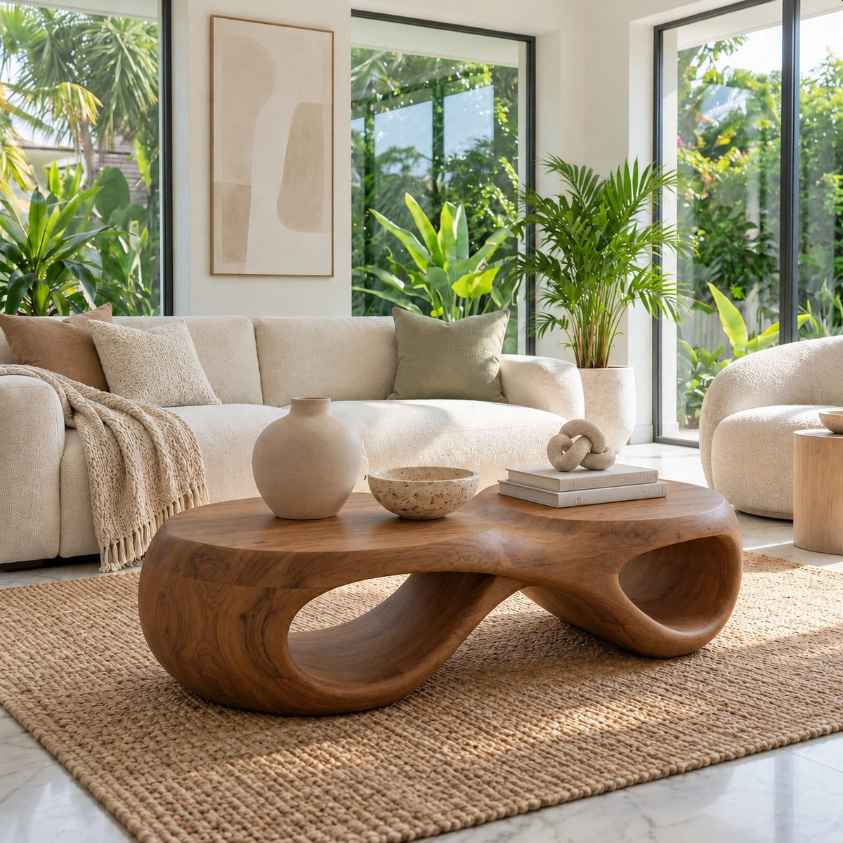 Biophilic Sculptural Coffee Table With Open Loop Base For Living Room