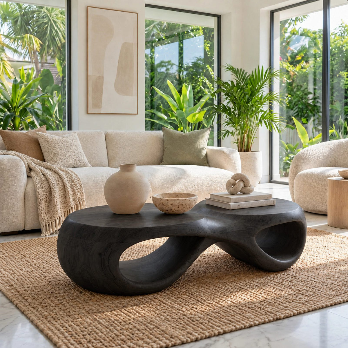 Biophilic Sculptural Coffee Table With Open Loop Base For Living Room